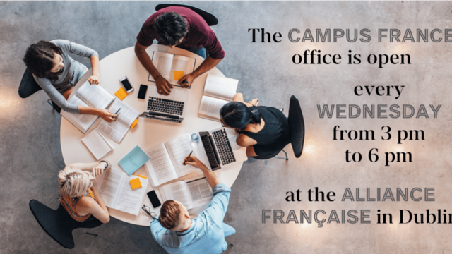 The Campus France office in Ireland is open every Wednesday from 3 pm to 6 pm at the Alliance Française in Dublin